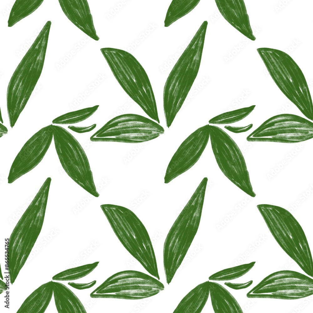 Fototapeta premium Seamless abstract botanical pattern. Simple background with green, white texture. Digital brush strokes. Foliage. Design for textile fabrics, wrapping paper, background, wallpaper, cover.
