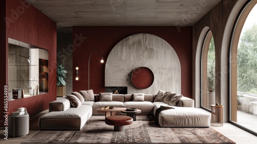 A contemporary living room designed in deep maroon hues, with minimalist furniture and decor creating a bold and stylish look. The image provides ample copy space for customization.