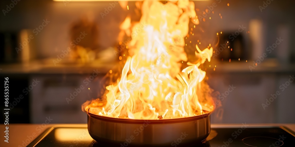 Unattended Induction Stove Causes Kitchen Fire and Burnt Mess. Concept Kitchen Safety, Induction