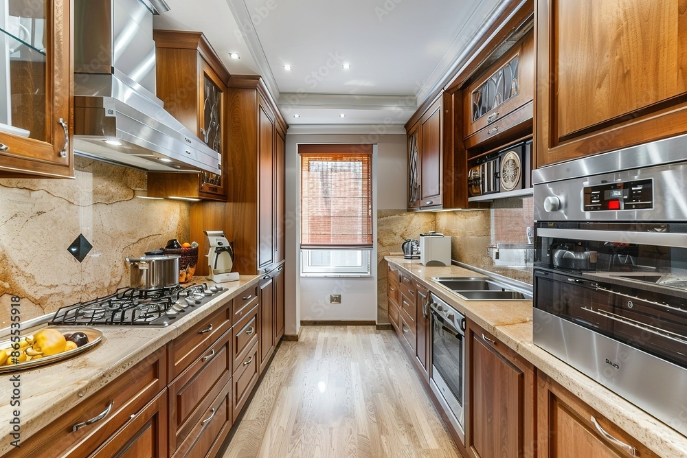 bright brown kitchen room with steel appliances bright brown kitchen room with steel appliances