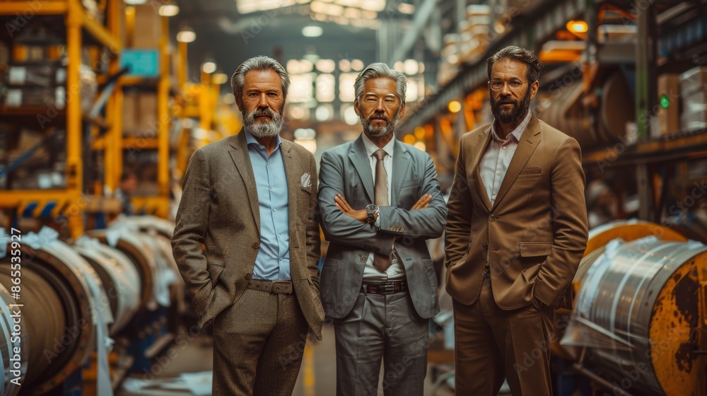 mature men standing with arms crossed in warehouse mature men standing with arms crossed in warehouse