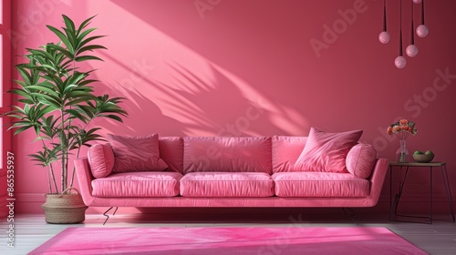 A contemporary living room featuring a stylish pink color scheme, with minimalist design elements and plenty of copy space for customization. Ideal for projects that need a modern and trendy setting. © Soontorn