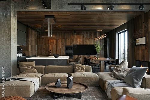 Contemporary stylish interior design of the living room. Stylish stylish interior of the Kitchen-living room