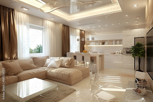 Contemporary stylish interior design of the living room. Stylish stylish interior of the Kitchen-living room