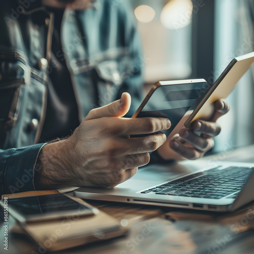 Fototapeta Naklejka Na Ścianę i Meble -  Digital banking on mobile devices has revolutionized the way people manage their finances. It offers unprecedented convenience, allowing users to perform a wide range of banking activities anytime.