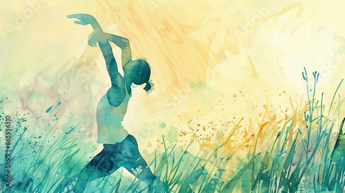 Watercolor painting of a woman dancing in nature. Watercolor illustration of a female dancer gracefully moving in a field of tall grass, perfect for designs related to dance, nature, and creativity.
