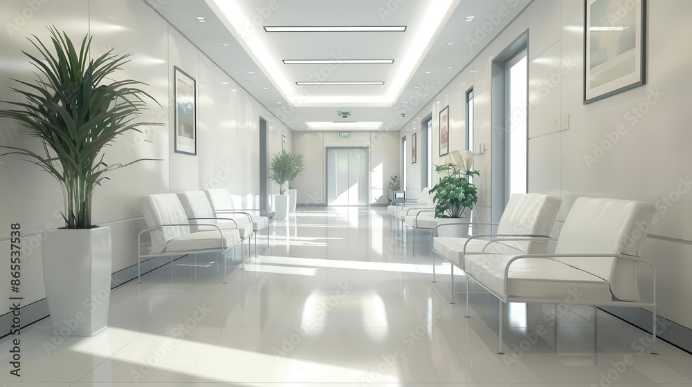 Fototapeta premium pristine modern hospital corridor with sleek white chairs serene waiting room ambiance digital art