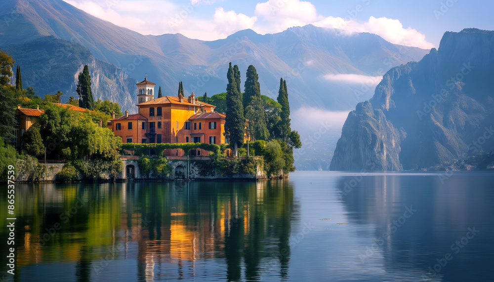 Fototapeta premium Italian Villa on a Picturesque Lake with Mountain Backdrop