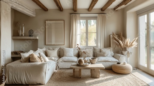 A quaint cottage living room, featuring a minimalist design with soft, neutral colors and natural materials. The room is furnished with a plush sofa, a coffee table, and a few decorative items,