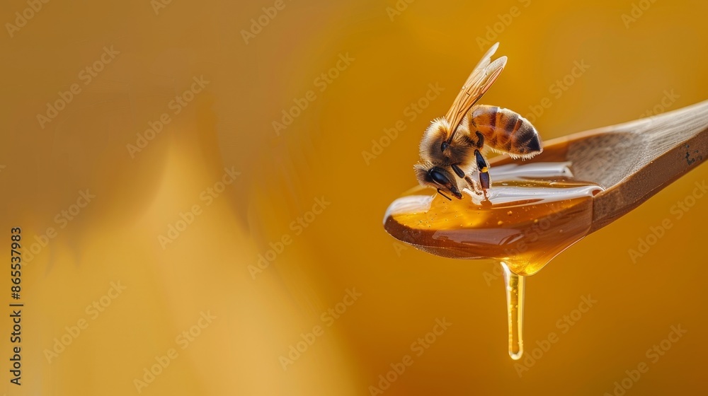 On a yellow background with space for text, a bee is on a wooden honey stick as honey drips. On a yellow background with space for text, a bee is on a wooden honey stick as honey drips.