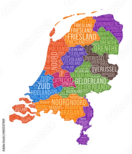 Netherlands shape. Country word cloud with region division. Netherlands colored illustration. Region names cloud. Vector illustration. photo
