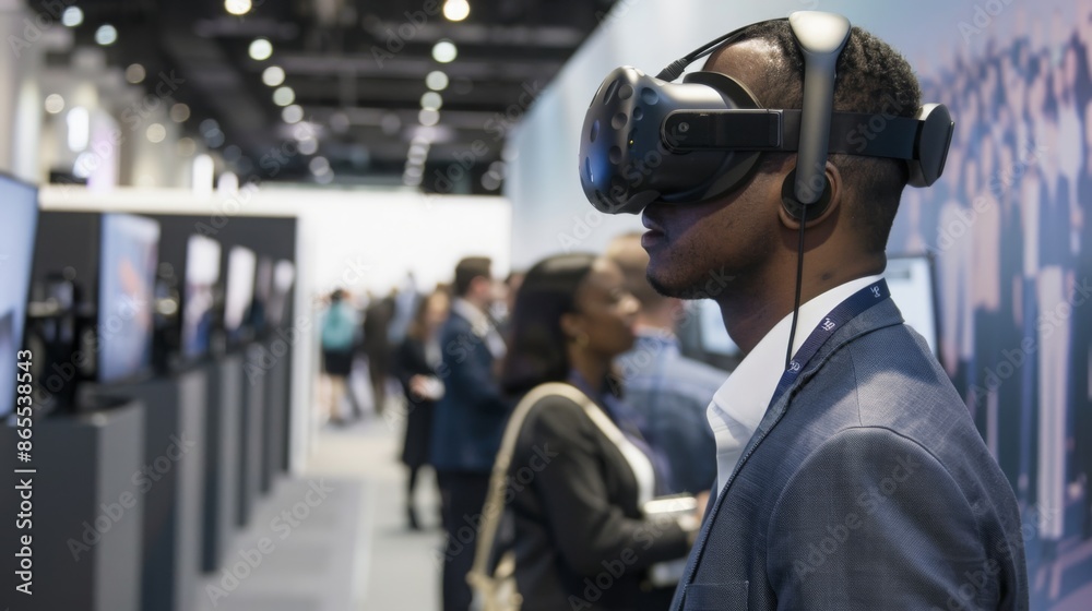 A man wearing a VR headset explores a virtual world at a technology convention, surrounded by other attendees and displays. A man wearing a VR headset explores a virtual world at a technology convention, surrounded by other attendees and displays.