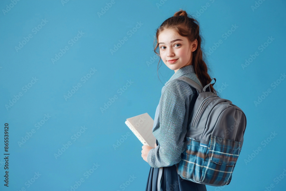 Obraz premium Back to school. Confident schoolgirl with a stylish backpack and a book, posing in front of a clean, bright studio background. Emphasizing school spirit and the excitement of a new academic year. Teen