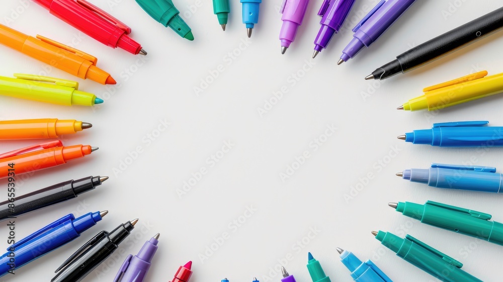 Colorful felt tip pens on white background in circular arrangement with empty space Colorful felt tip pens on white background in circular arrangement with empty space