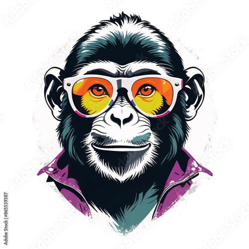 monkey in style wearing sunglasses, retro style designs, retro colourfull, solid white background, very creative designs, most popular design. T-shirt designs ape, monkey theme photo