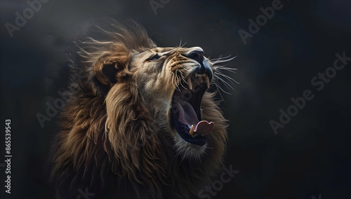 A powerful, roaring lion with a majestic mane, captured in a dramatic, dark setting, representing strength and wild beauty.