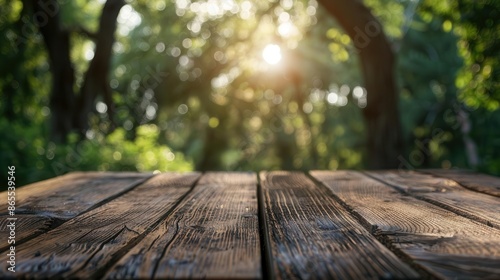 rustic charm empty wooden table with soft focus natural background product photography