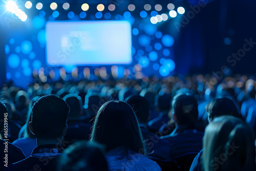Audience attending a conference in a large hall with blue lighting and stage in the background, captured from behind.