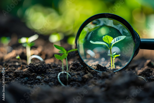 Close-up of a green seedling magnified through a glass lens growing in rich soil under sunlight, representing growth, nature, and new beginnings.
