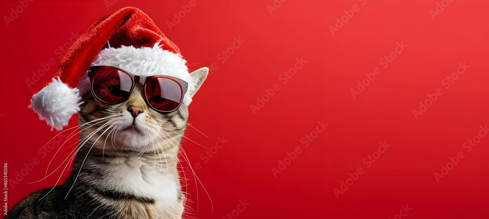 Cool cat wearing a Santa hat and sunglasses with a red background. Perfect for holiday cards and festive decorations. Cool cat wearing a Santa hat and sunglasses with a red background. Perfect for holiday cards and festive decorations.