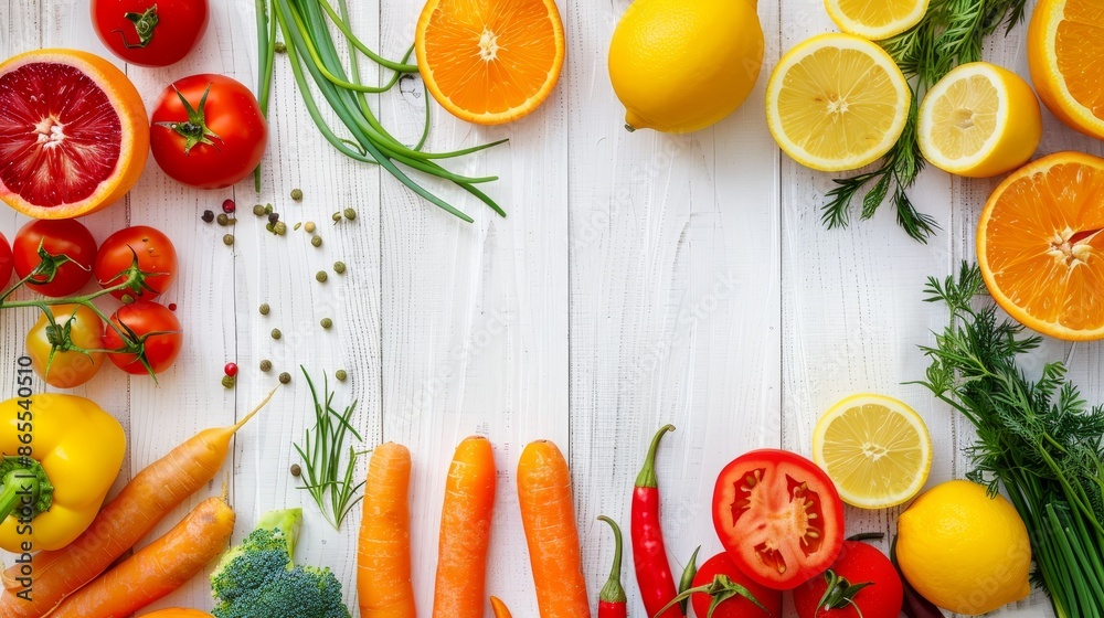 A colorful array of fresh vegetables and fruits on a white wooden background in a flat lay with space for text or design. A colorful array of fresh vegetables and fruits on a white wooden background in a flat lay with space for text or design.