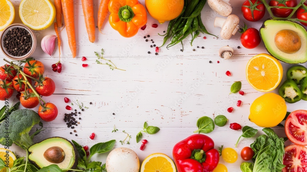 A white wooden background with space for text or design showcases a flat lay of colorful fresh vegetables and fruits. A white wooden background with space for text or design showcases a flat lay of colorful fresh vegetables and fruits.