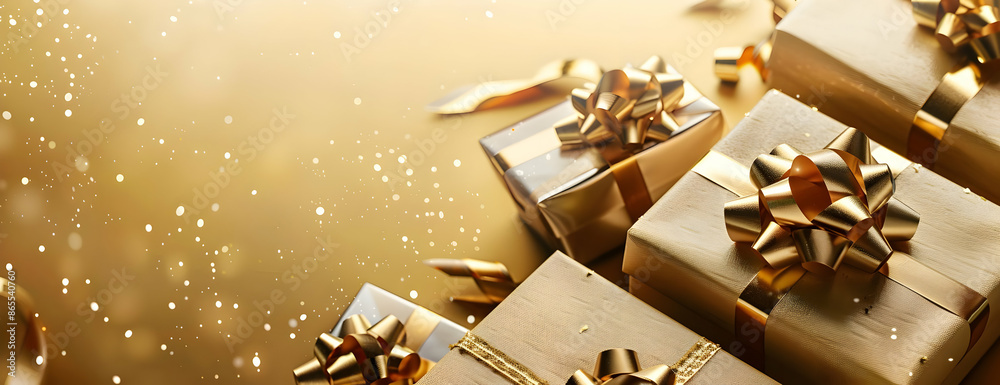 Elegant gold wrapped gift boxes with ribbons and bows on sparkling background, perfect for festive holiday celebrations and luxury presents.