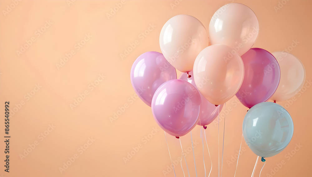 Group of pink, purple, and blue pastel balloons on peach background. Ideal for celebrations, parties, and festive occasions. Group of pink, purple, and blue pastel balloons on peach background. Ideal for celebrations, parties, and festive occasions.