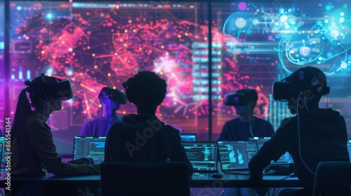 A group of people wear virtual reality headsets while sitting at desks in a modern office setting with glowing screens behind them. The image captures a futuristic vision of work and collaboration. © Prostock-studio
