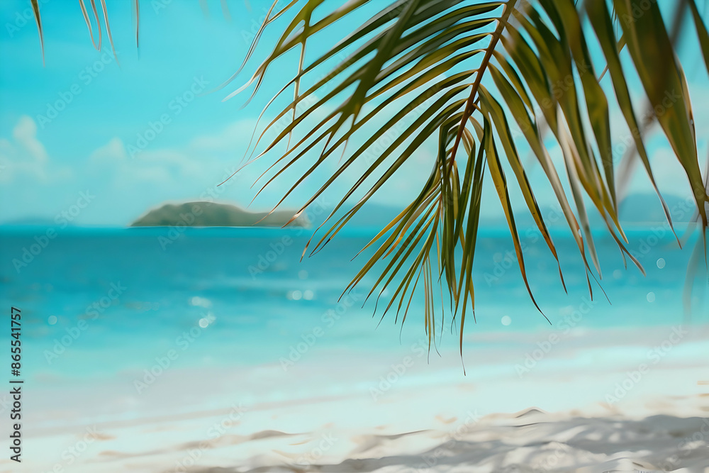 Fototapeta premium Tropical beach scene with palm leaves and turquoise water, perfect for travel and vacation themes.