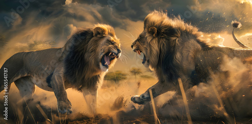 Two majestic lions roar and clash in a dramatic and intense showdown under the glowing sunset in the wild savannah.