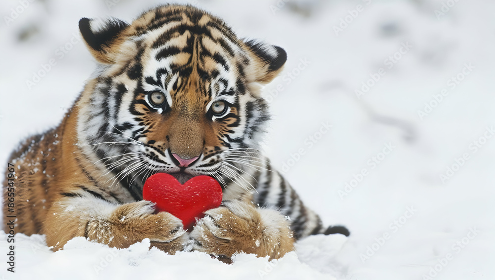 Obraz premium A cute tiger cub holding a red heart in a snowy landscape, symbolizing love and wildlife in harmony during winter.