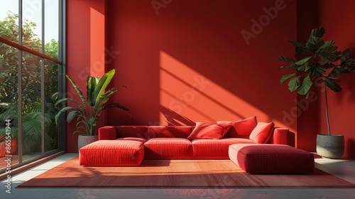 A minimalistic living room in red tones, featuring clean lines and ample space for copy. This image exudes modernity and simplicity, ideal for showcasing a contemporary lifestyle. © Soontorn