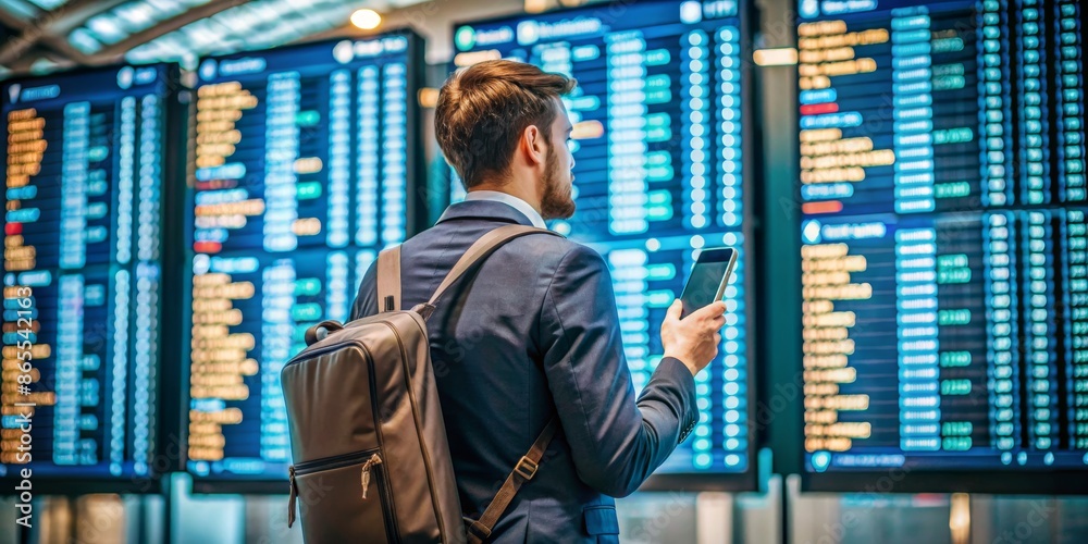 Fototapeta premium Businessman Checking Flight Information on Smartphone at Airport