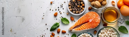 Top view of healthy protein-rich foods including salmon, nuts, eggs, and beans on a rustic white background with space for text. photo