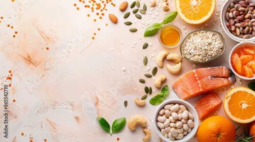 Wallpaper Mural A healthy assortment of fresh oranges, nuts, seeds, and salmon arranged on a light background with copy space. Torontodigital.ca