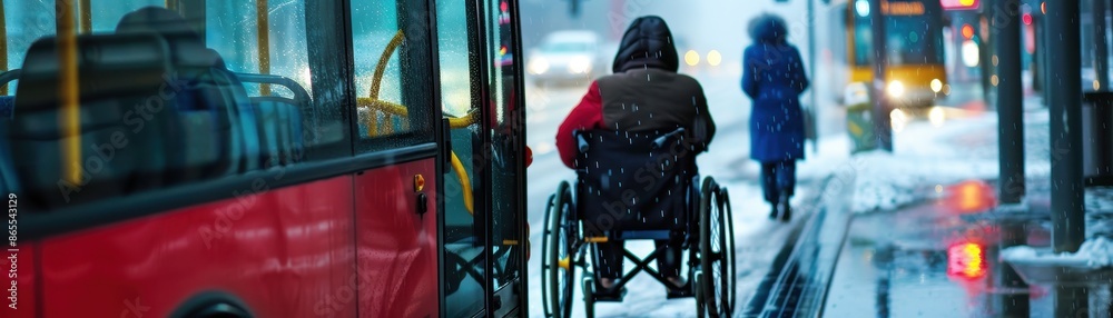 A person in a wheelchair is getting on a bus. The person is wearing a black jacket A person in a wheelchair is getting on a bus. The person is wearing a black jacket