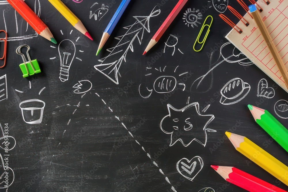 Blackboard banner with stationery and doodles, back to school theme, copy space. Blackboard banner with stationery and doodles, back to school theme, copy space.