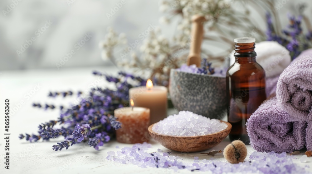 Spa Setting with Lavender Towel Salt Candles Aromatherapy Oil on White Background Spa Setting with Lavender Towel Salt Candles Aromatherapy Oil on White Background