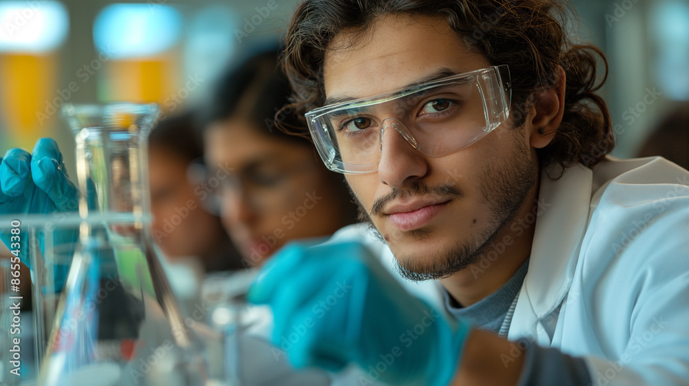 Group young chemistry students with flask at laboratory