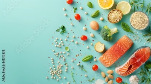 Healthy balanced diet with salmon, vegetables, grains, legumes, and nuts on a light blue background. Top view, nutritious ingredients for wellness.