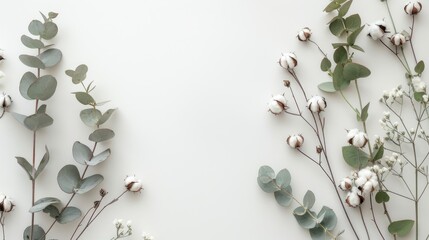 Floral arrangement with eucalyptus and cotton on white backdrop viewed from above with space for text
