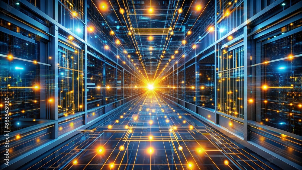 Futuristic Server Room Corridor with Glowing Data Lines Futuristic Server Room Corridor with Glowing Data Lines