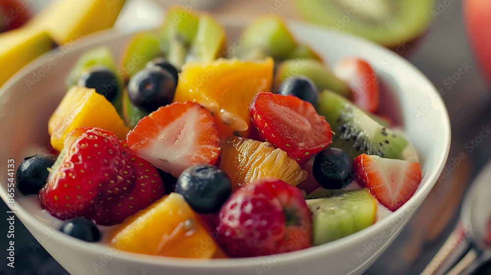 A vibrant bowl of fresh mixed fruit salad, featuring strawberries, blueberries, kiwi, and oranges, providing a healthy and colorful snack. A vibrant bowl of fresh mixed fruit salad, featuring strawberries, blueberries, kiwi, and oranges, providing a healthy and colorful snack.