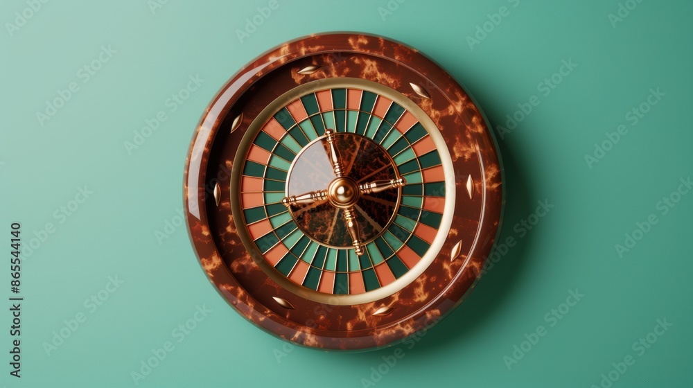 Obraz premium An elegant brown roulette wheel in a casino setting, with minimalist design elements and plenty of copy space for customization. The image is perfect for projects that require a sophisticated and