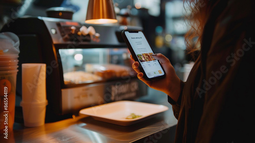 Woman using a smartphone to browse a food delivery app while standing in a modern kitchen with dim lighting.