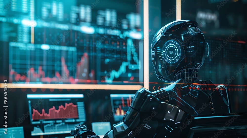 Fototapeta premium A futuristic robot sits in front of multiple computer screens displaying financial data, suggesting artificial intelligence and the future of finance.