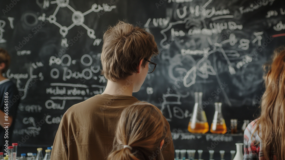 students looking at beaker while doing experiment at blackboard with chemistry theory at laboratory students looking at beaker while doing experiment at blackboard with chemistry theory at laboratory