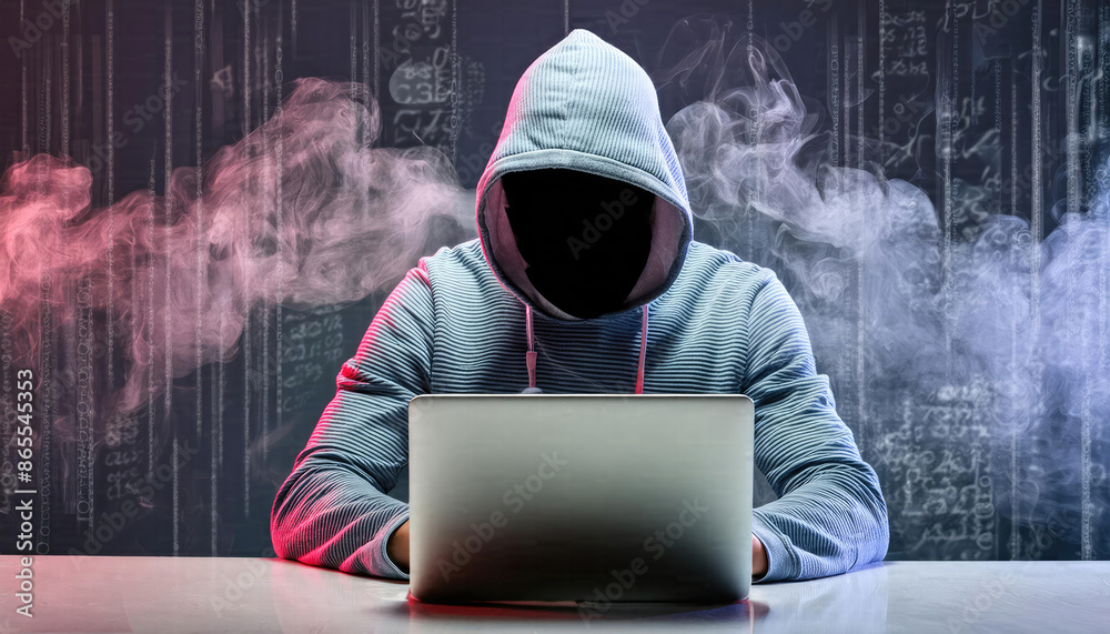 A hacker with hidden face in a hoodie using a laptop A hacker with hidden face in a hoodie using a laptop