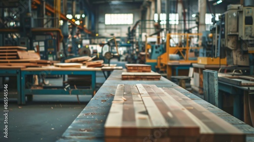 Wood planks sit ready for processing in a factory